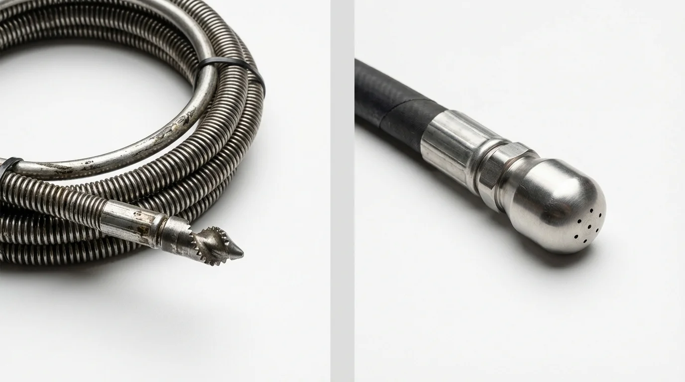 Drain snake cable and hydro jetting nozzle used for drain cleaning in Lake City, MI