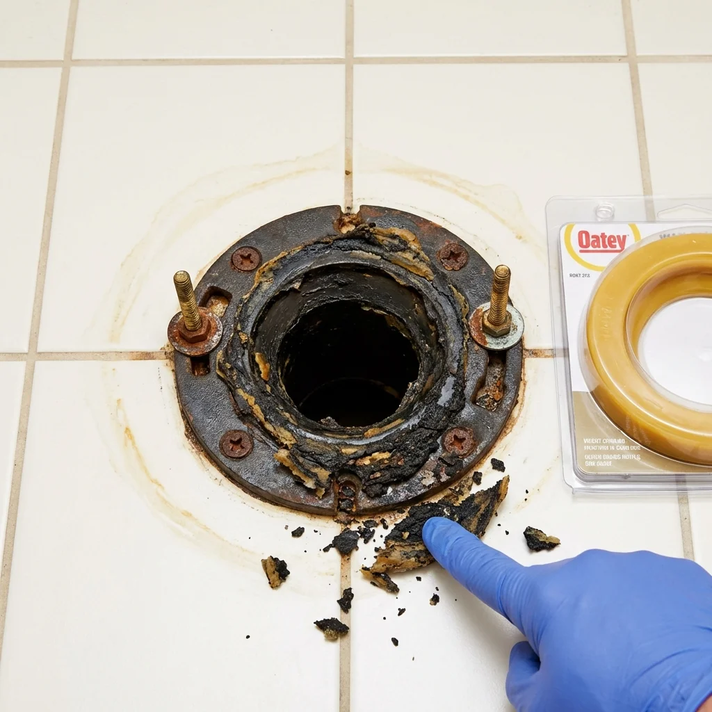 Failed wax ring showing water seepage at the base of a toilet in a Lake City, MI home