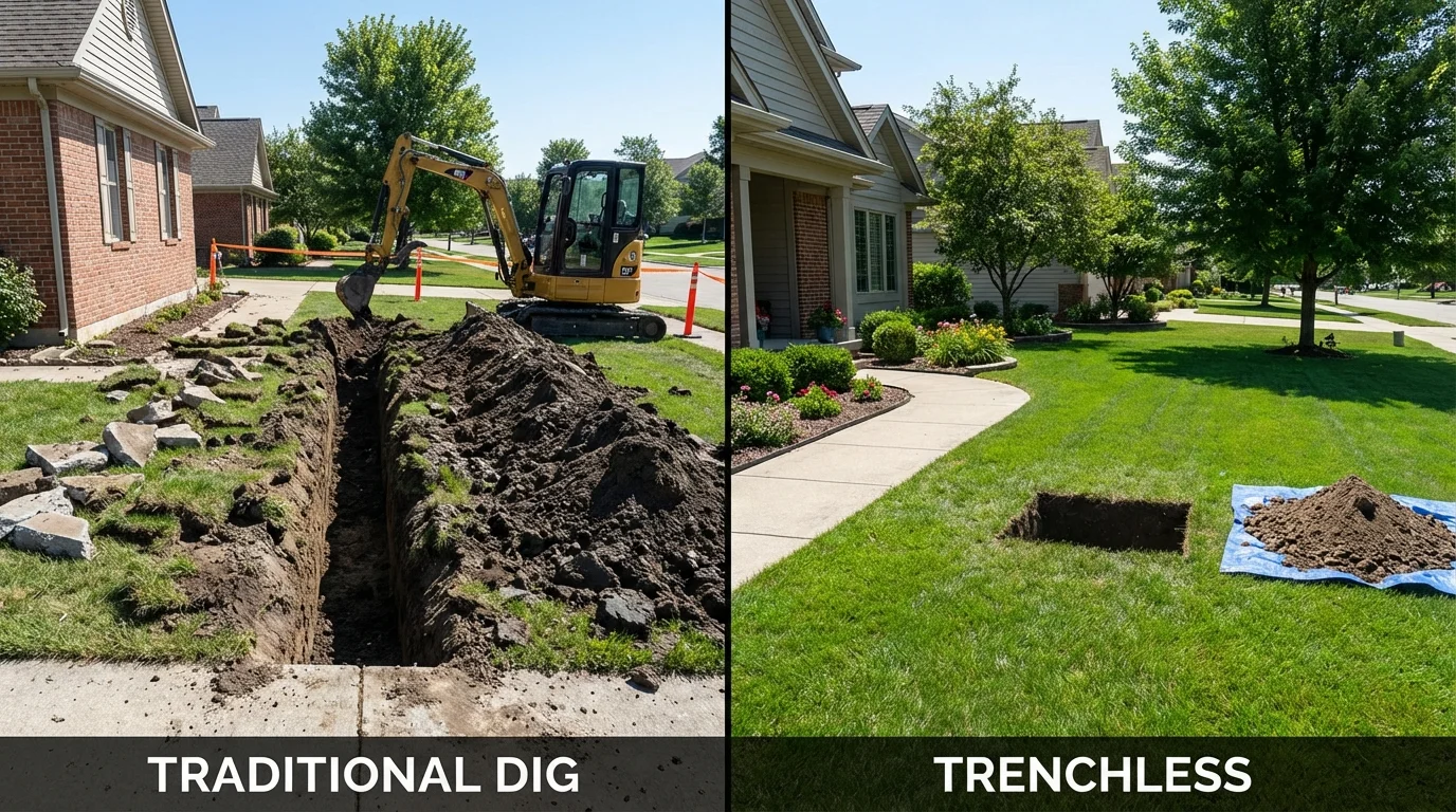 Trenchless sewer repair with minimal yard damage versus traditional excavation in Lake City, MI