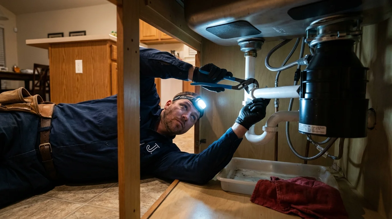 P-trap and supply line connections under a kitchen sink showing a common leak point in Lake City, MI